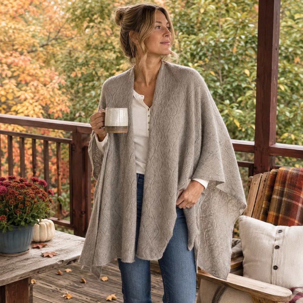 100% Cashmere Subtle Luxury Ruana Wrap Gray Taupe OS Open Front Poncho